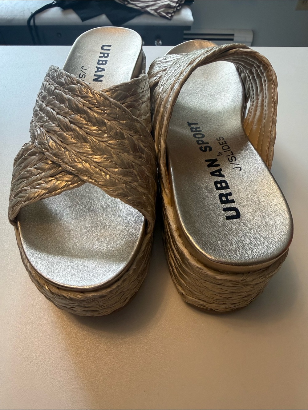 Metallic Gold Braided Platform Slide Sandals